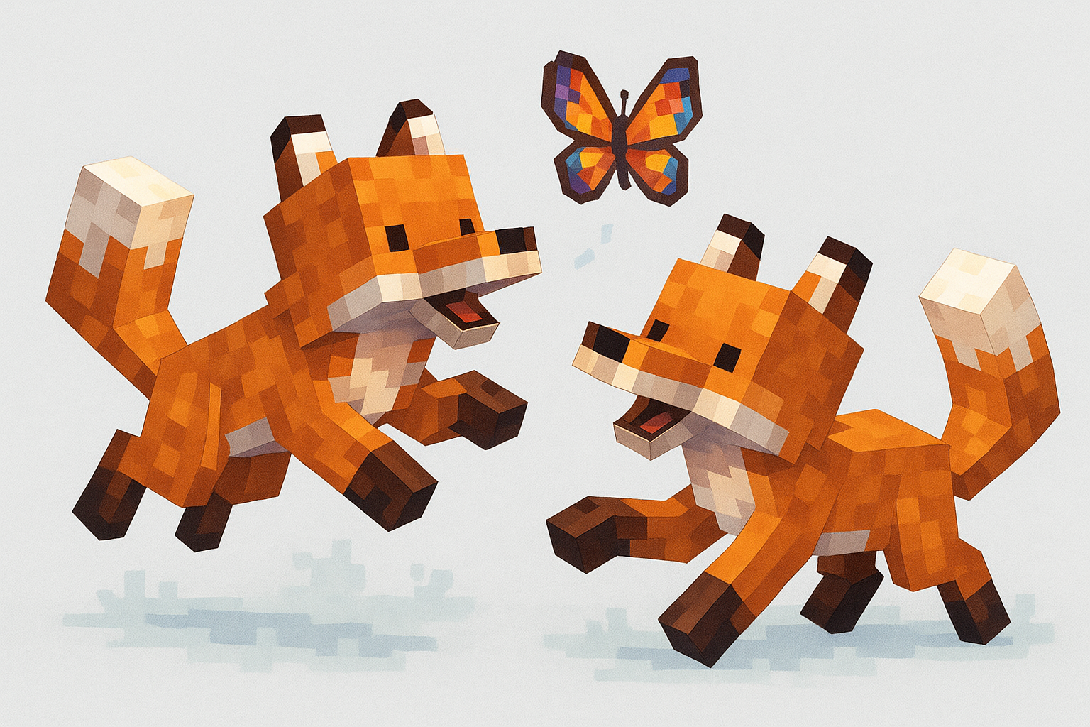 Genera un fondo con este color #EFF0F5 y sobre un 2 zorros de minecraft jugando con una mariposa